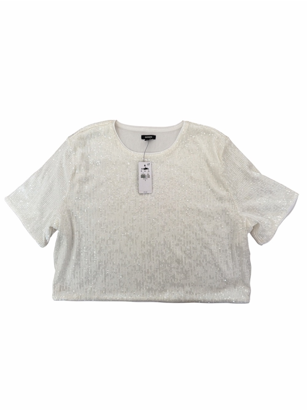 Express White Sequin Short Sleeve Boxy Top
